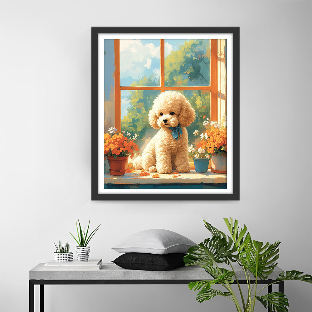 Schattige Puppy en Bloemen op de Vensterbank Diamond Painting