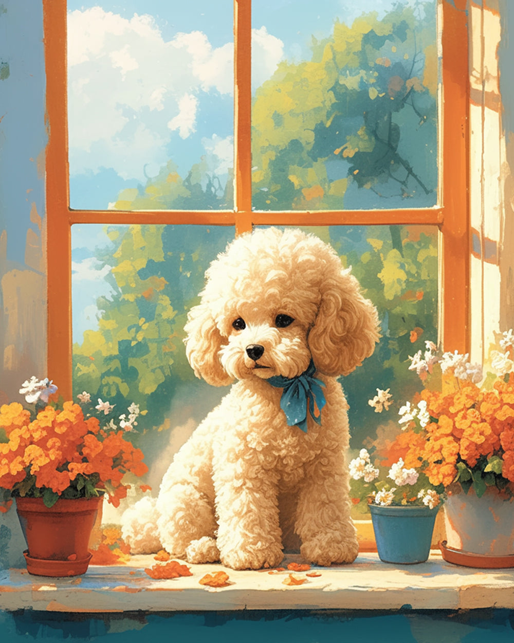 Schattige Puppy en Bloemen op de Vensterbank Diamond Painting