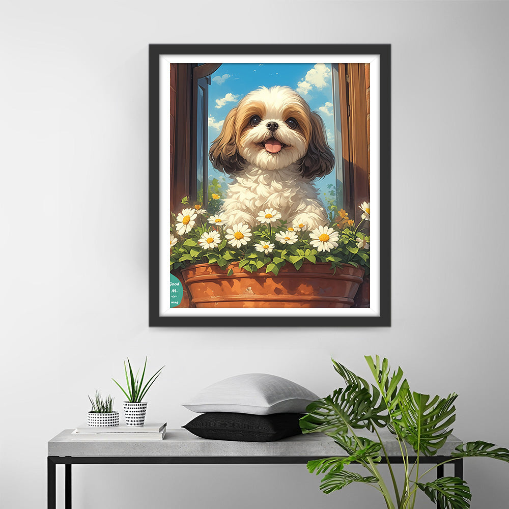 Schattige Shih Tzu en Bloemen Diamond Painting