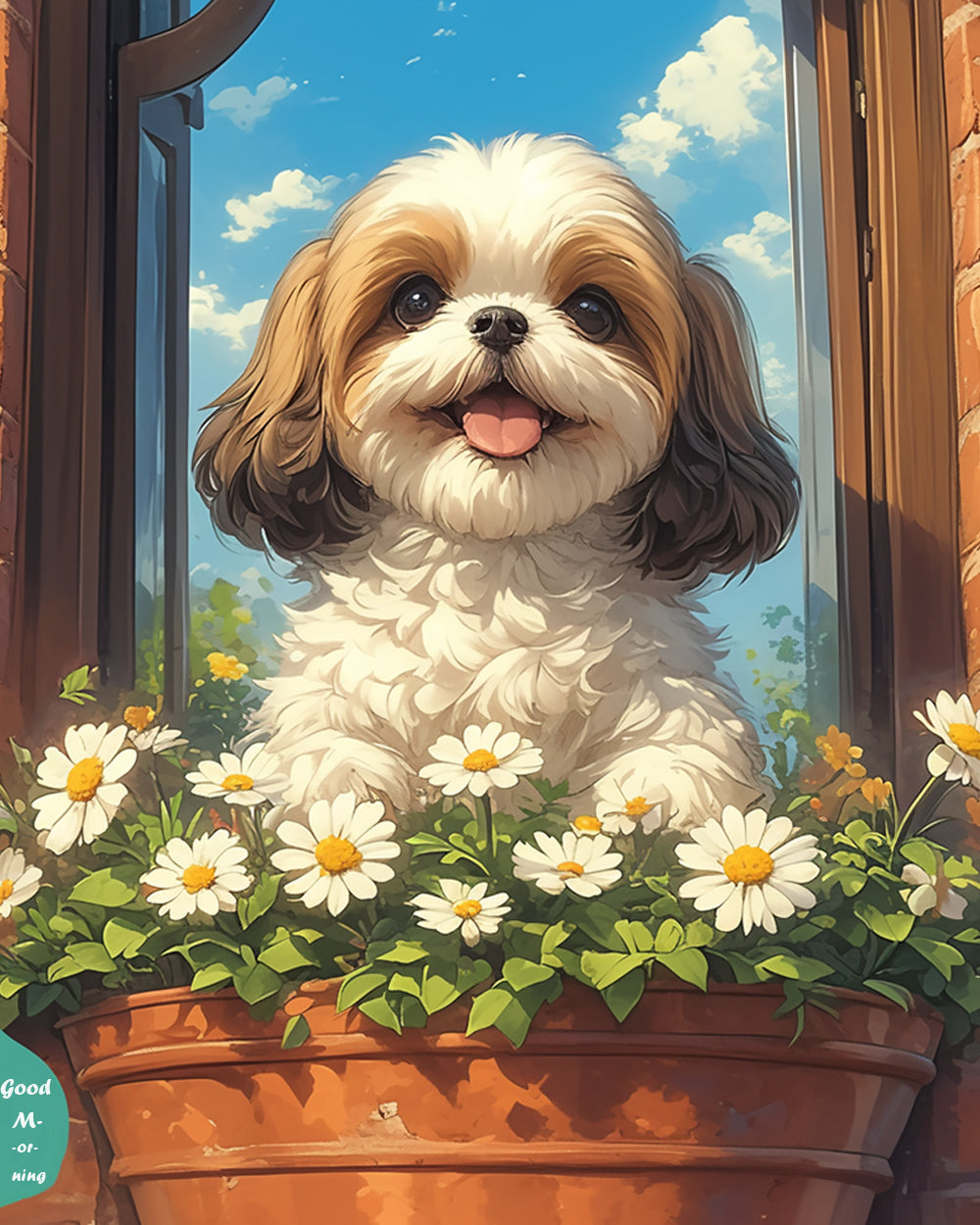 Schattige Shih Tzu en Bloemen Diamond Painting