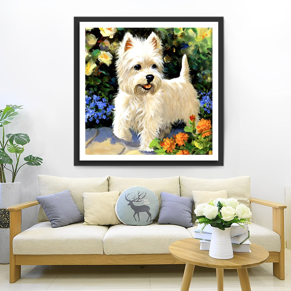 Schattige Witte Hond en Bloemen Diamond Painting