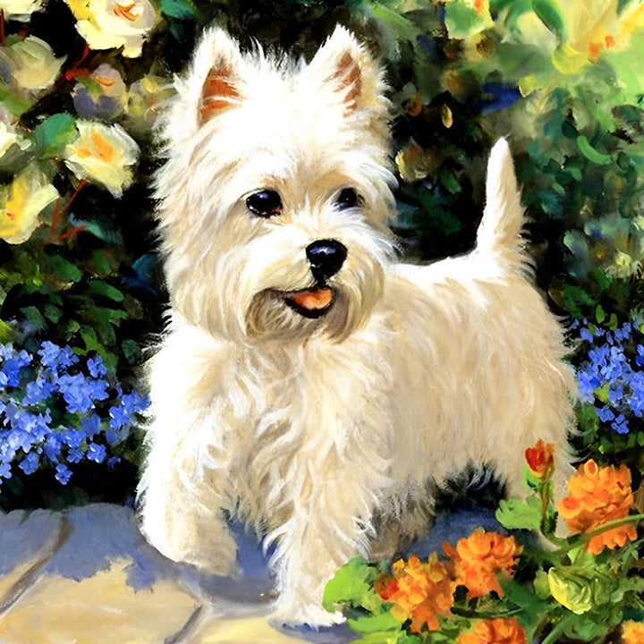 Schattige Witte Hond en Bloemen Diamond Painting