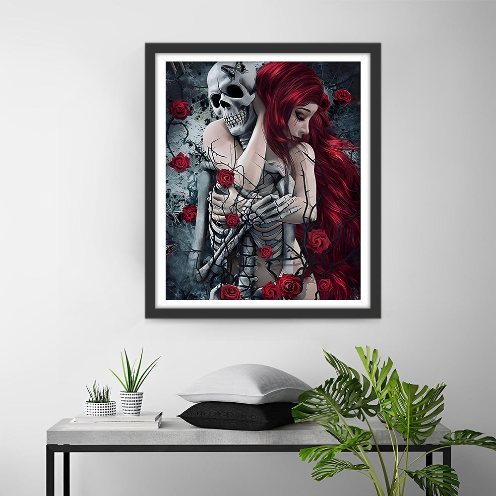Schedel en Roodharige Schoonheid in Rode Rozen Diamond Painting