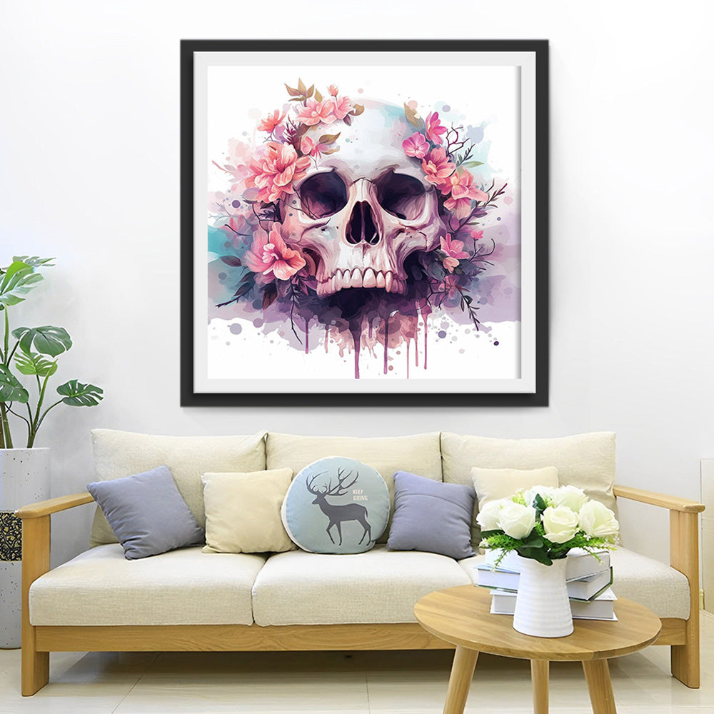 Schedel en Roze Bloemen Diamond Painting