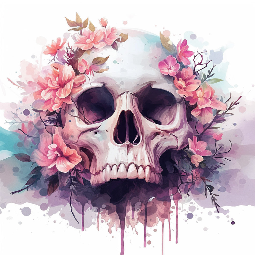 Schedel en Roze Bloemen Diamond Painting