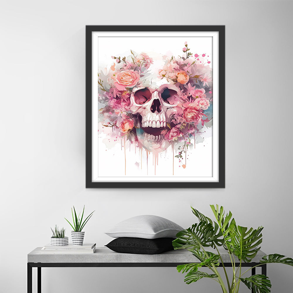 Schedel tussen Roze Bloemen Diamond Painting