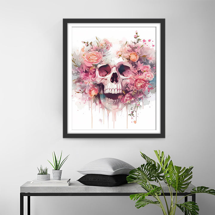 Schedel tussen Roze Bloemen Diamond Painting