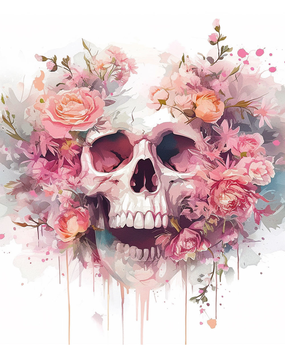 Schedel tussen Roze Bloemen Diamond Painting
