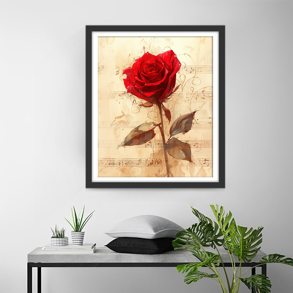 Sfeervolle Rode Roos op Muziekblad Diamond Painting