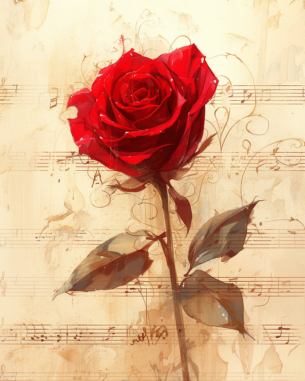 Sfeervolle Rode Roos op Muziekblad Diamond Painting