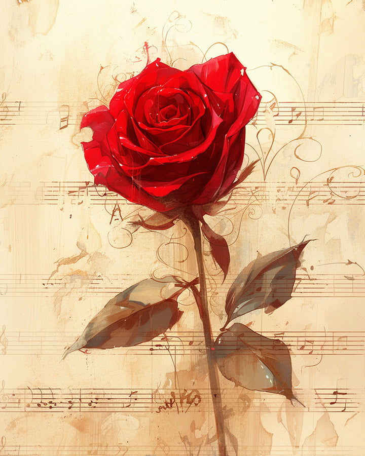 Sfeervolle Rode Roos op Muziekblad Diamond Painting