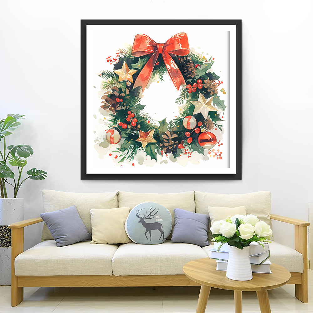 Sierlijk Versierde Kerstkrans vol Pijeappels en Sterren Diamond Painting