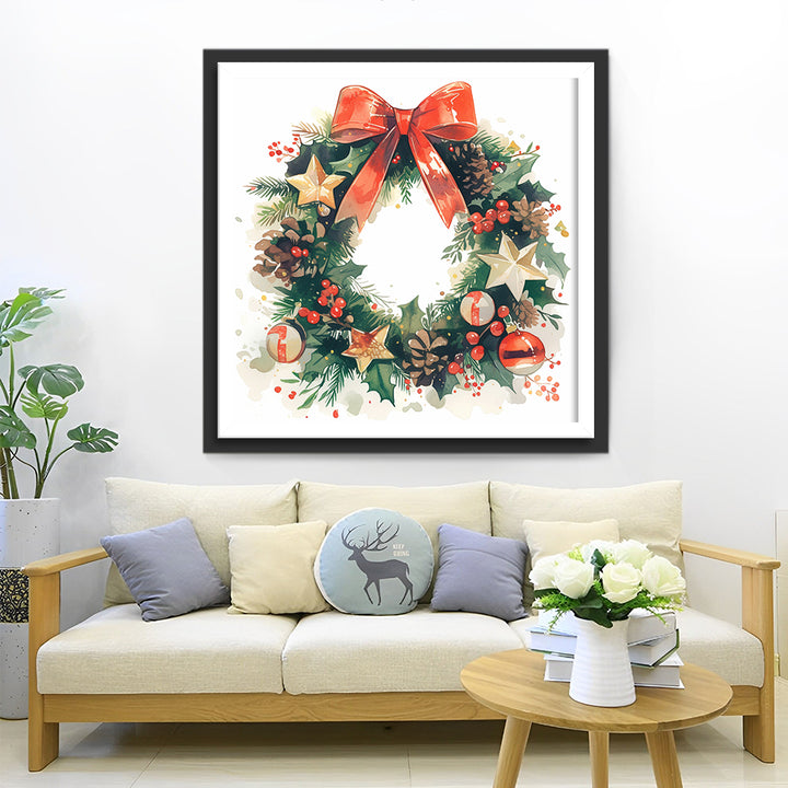 Sierlijk Versierde Kerstkrans vol Pijeappels en Sterren Diamond Painting