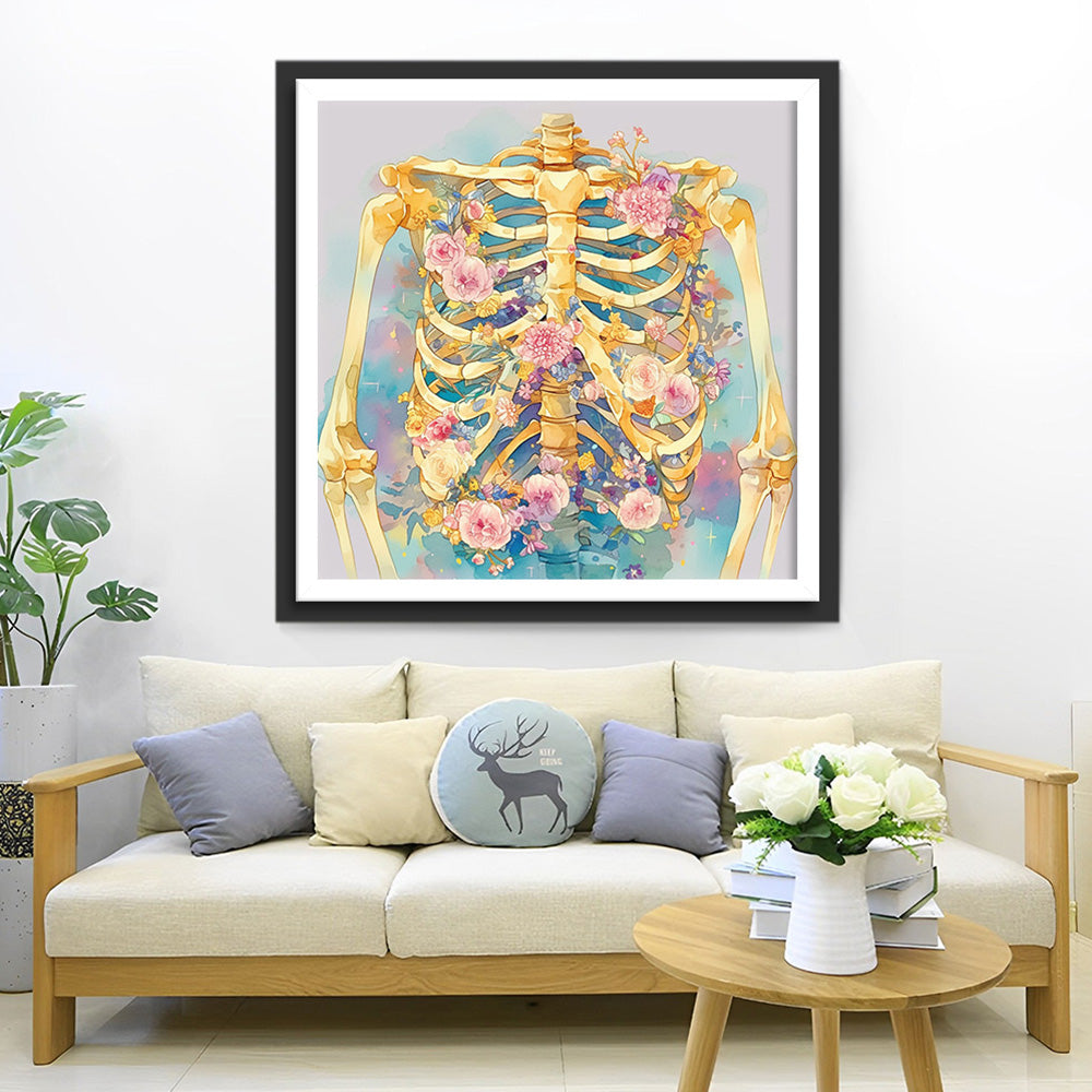 Skelet en Roze Bloemen Diamond Painting