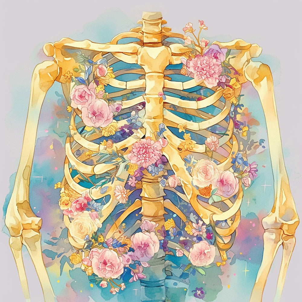 Skelet en Roze Bloemen Diamond Painting