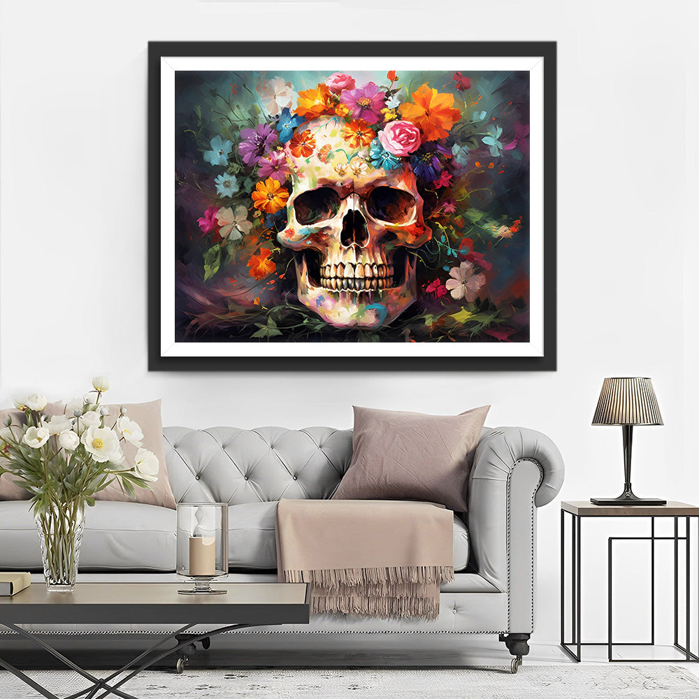 Skelet Omgeven door Bloemen Diamond Painting