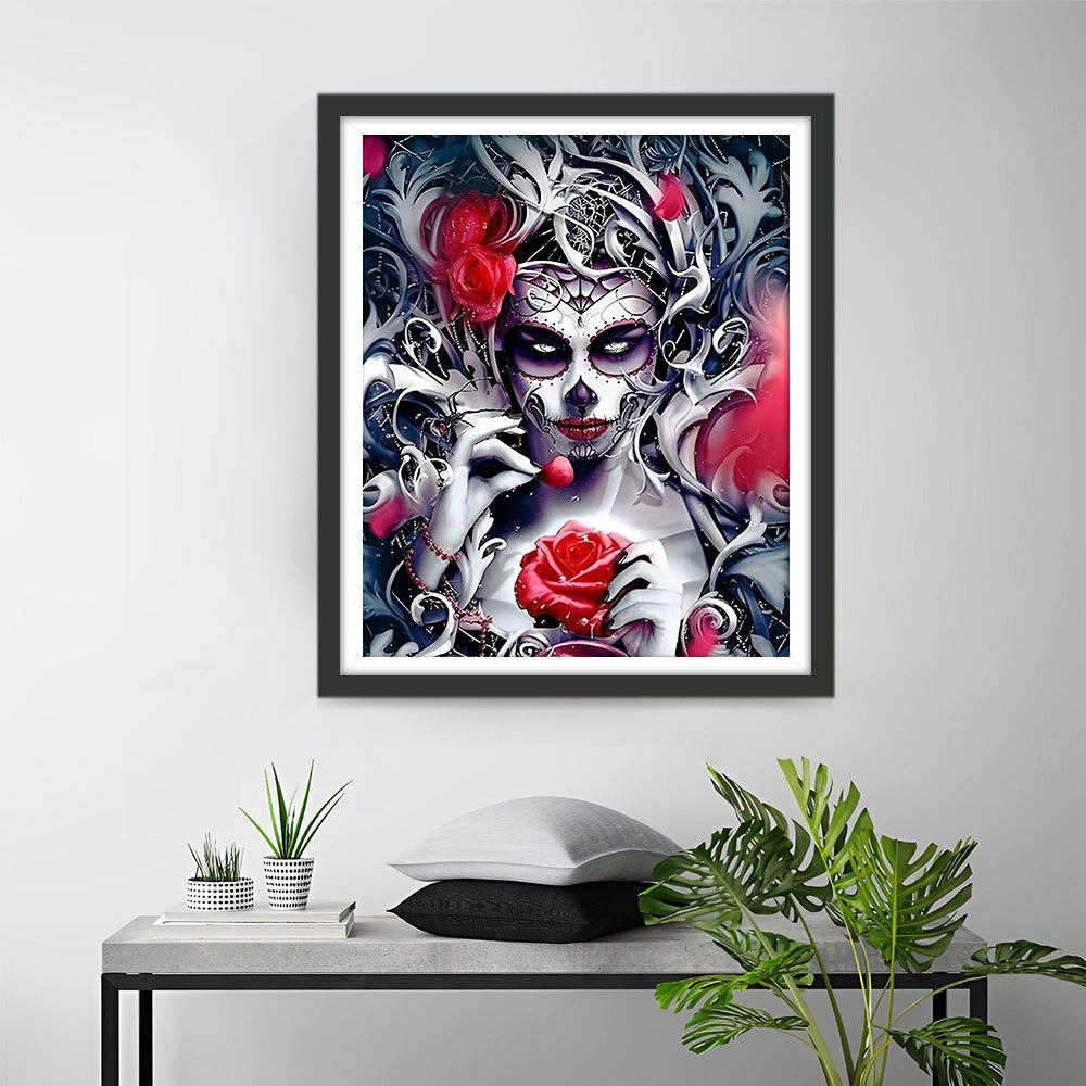 Skelet-Schoonheid en Rode Rozen Diamond Painting