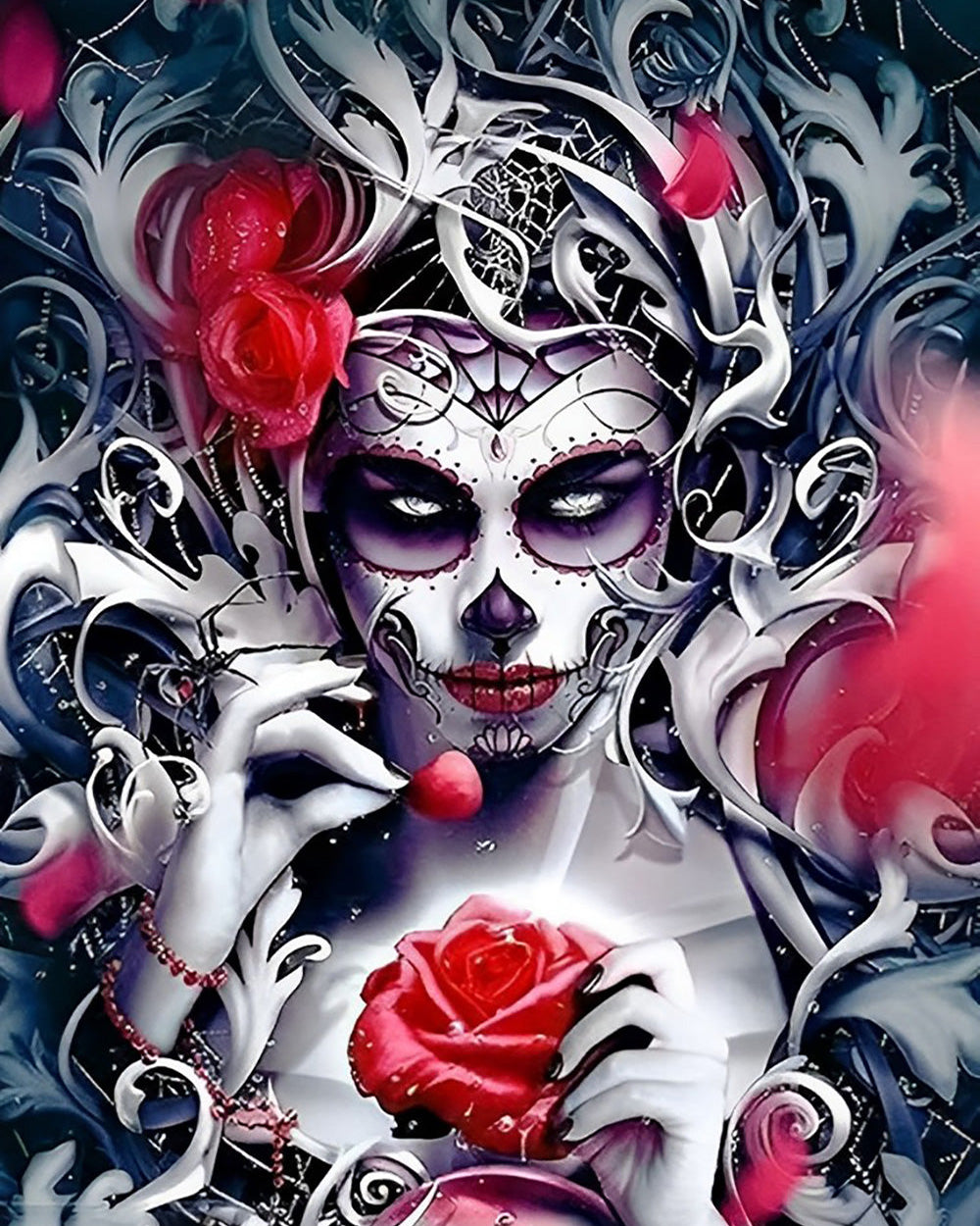 Skelet-Schoonheid en Rode Rozen Diamond Painting