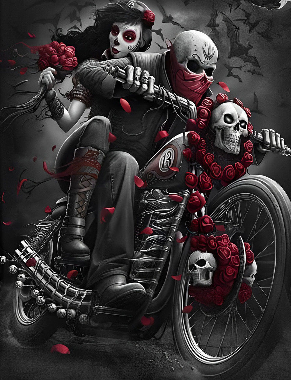 Skeletbruid en Bruidegom op een Motorfiets Diamond Painting