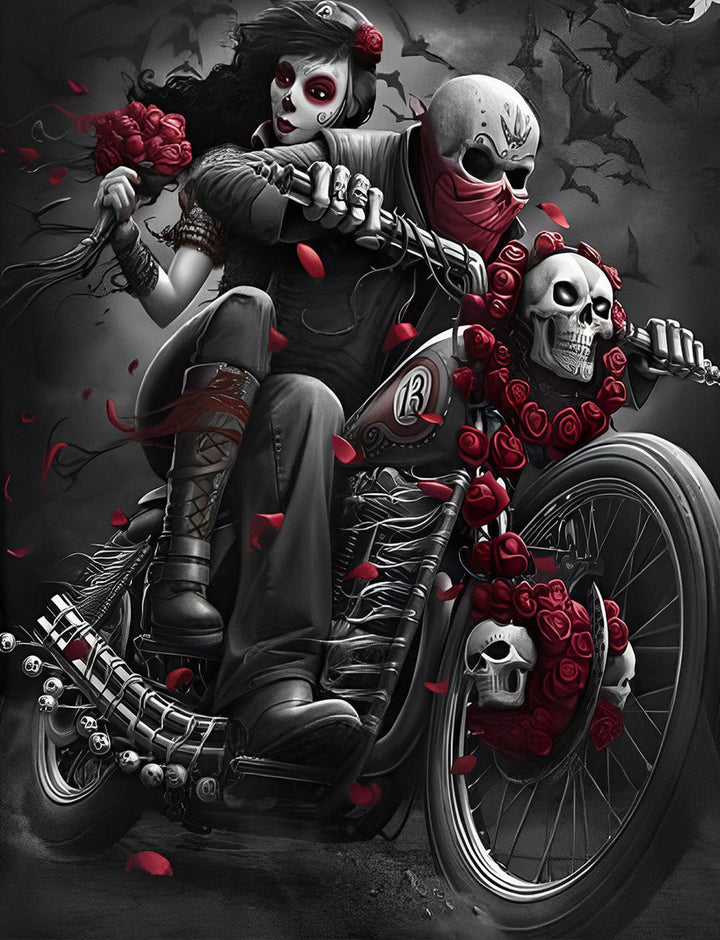 Skeletbruid en Bruidegom op een Motorfiets Diamond Painting
