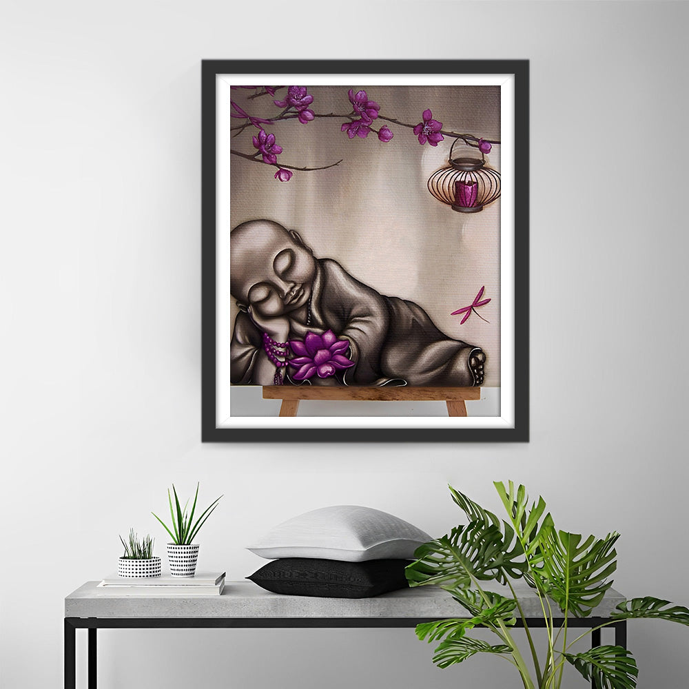 Slapende Boeddha en Paarse Lotus Diamond Painting