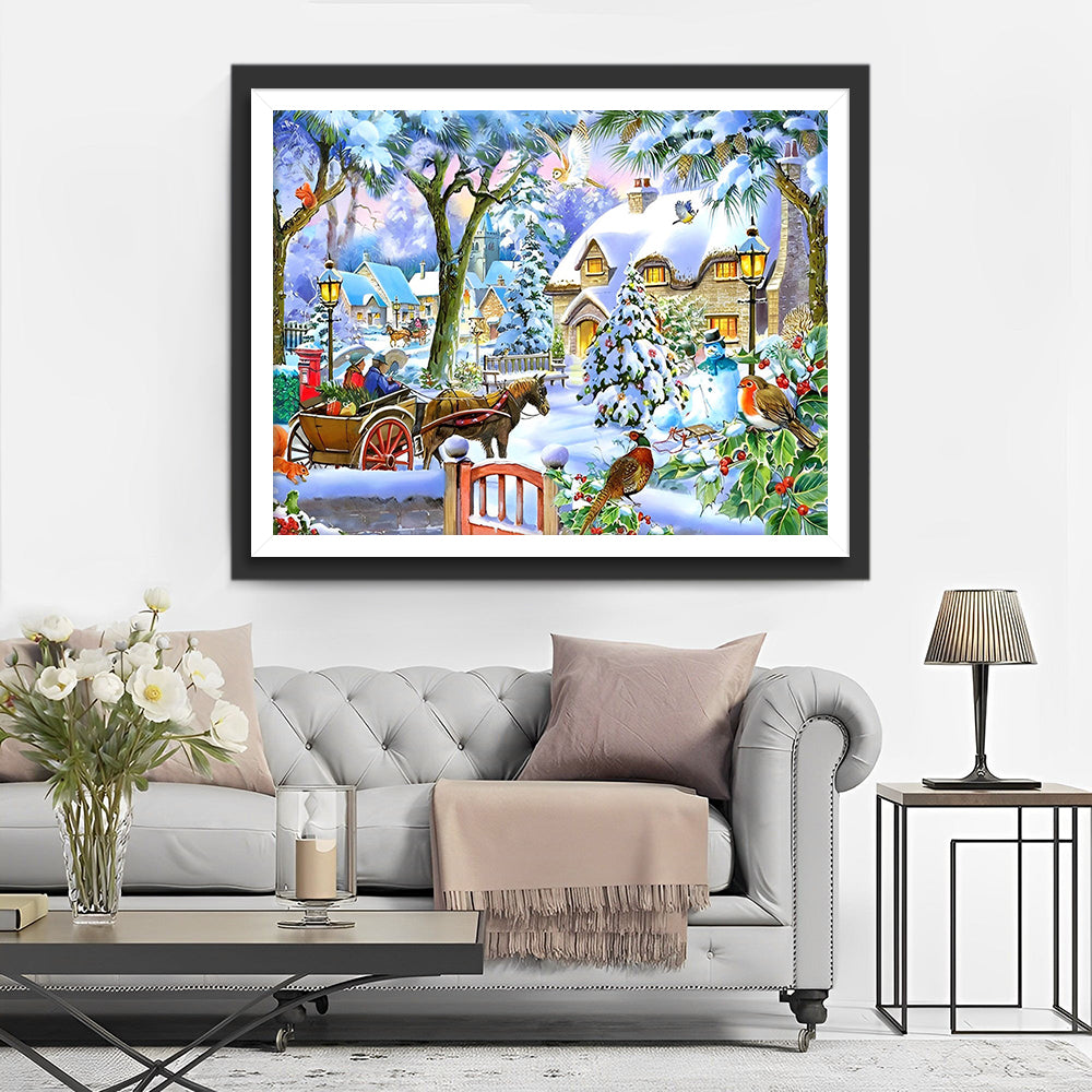 Sneeuwbedekt Kersthuis Diamond Painting
