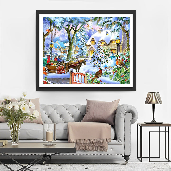 Sneeuwbedekt Kersthuis Diamond Painting