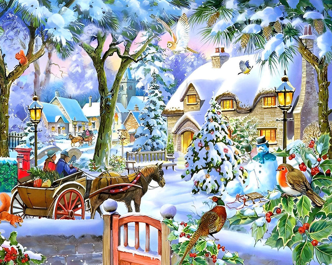 Sneeuwbedekt Kersthuis Diamond Painting