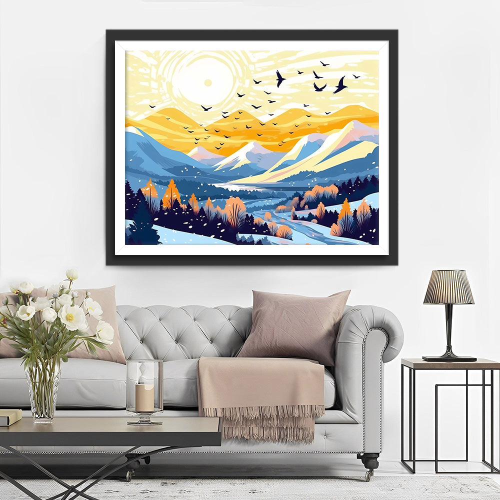 Sneeuwbedekte Bergen en Vogels bij Zonsopgang Diamond Painting