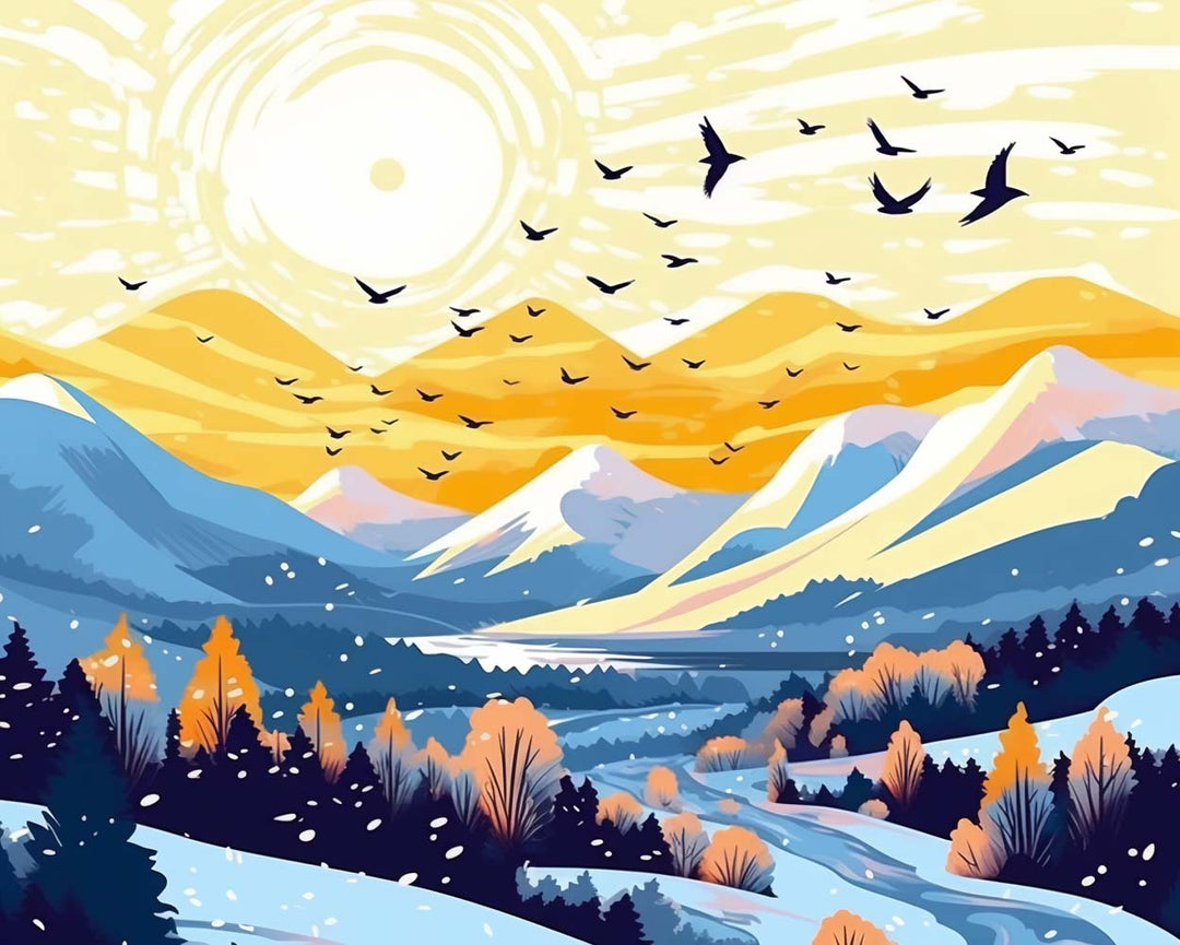 Sneeuwbedekte Bergen en Vogels bij Zonsopgang Diamond Painting