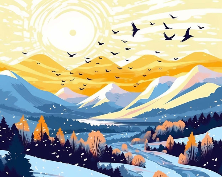 Sneeuwbedekte Bergen en Vogels bij Zonsopgang Diamond Painting