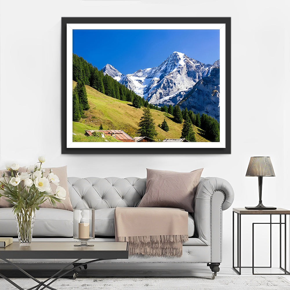 Sneeuwberg en Groene Dennenhelling Diamond Painting