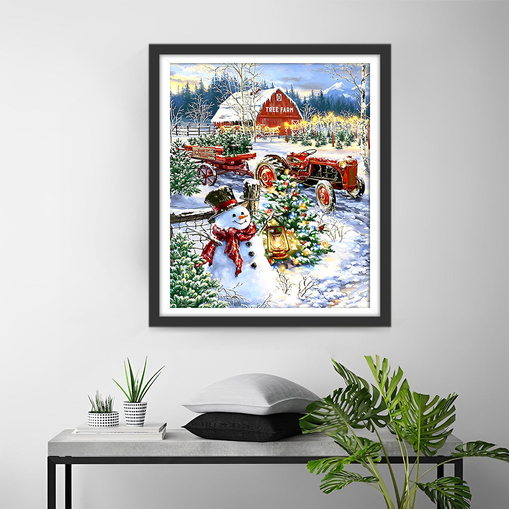 Sneeuwpop en Tractor op een Boomkwekerij Diamond Painting