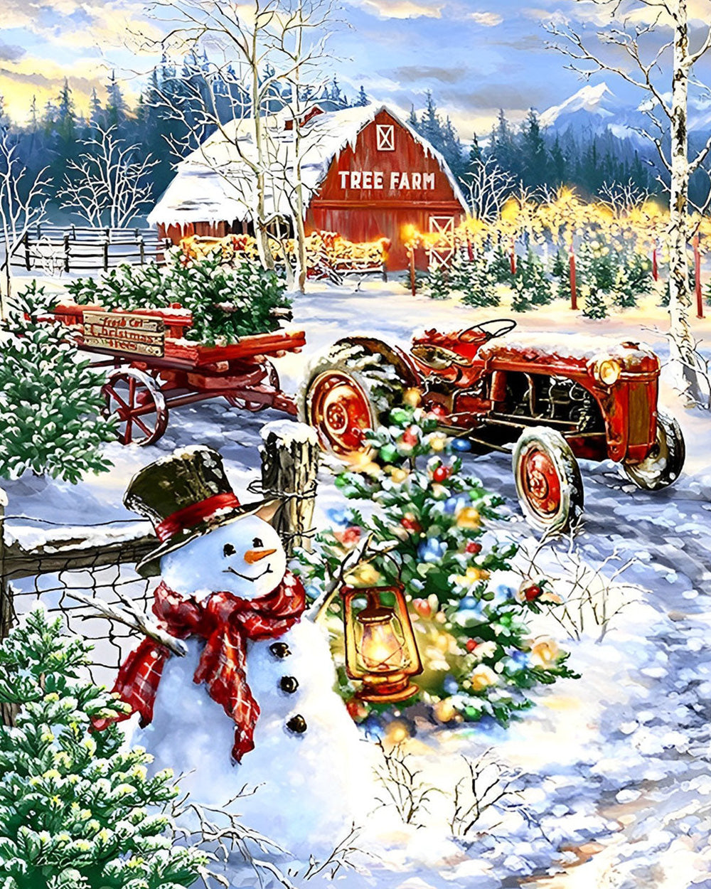 Sneeuwpop en Tractor op een Boomkwekerij Diamond Painting