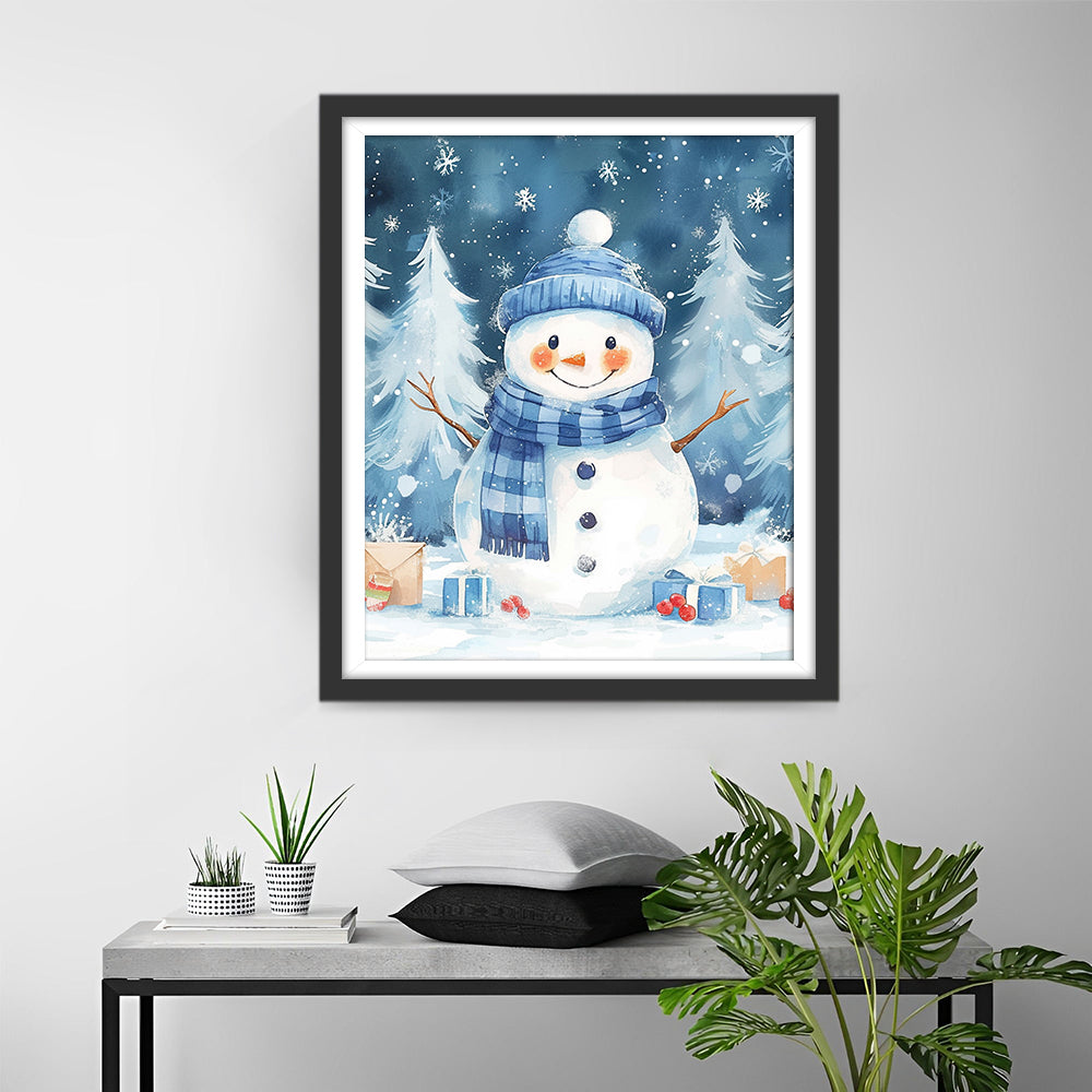 Sneeuwpop met Blauwe Muts en Sjaal in de Sneeuw Diamond Painting