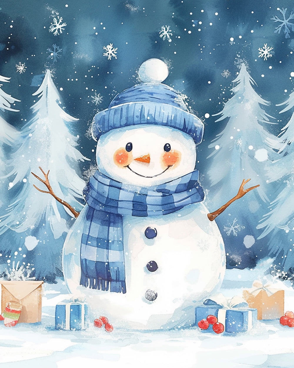 Sneeuwpop met Blauwe Muts en Sjaal in de Sneeuw Diamond Painting