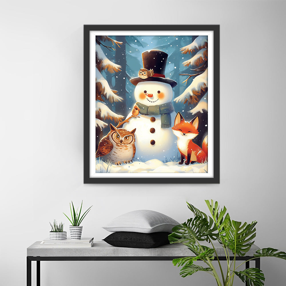 Sneeuwpop met Uil, Vos en Eekhoorn in het Bos Diamond Painting