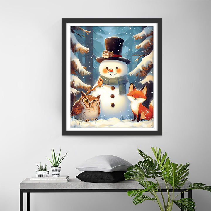 Sneeuwpop met Uil, Vos en Eekhoorn in het Bos Diamond Painting