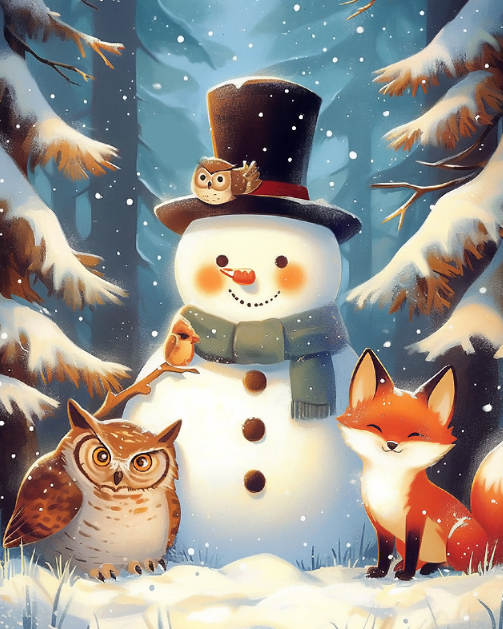 Sneeuwpop met Uil, Vos en Eekhoorn in het Bos Diamond Painting