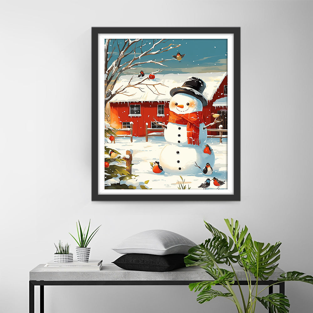 Sneeuwpop voor Rood Huis met Vogels Diamond Painting