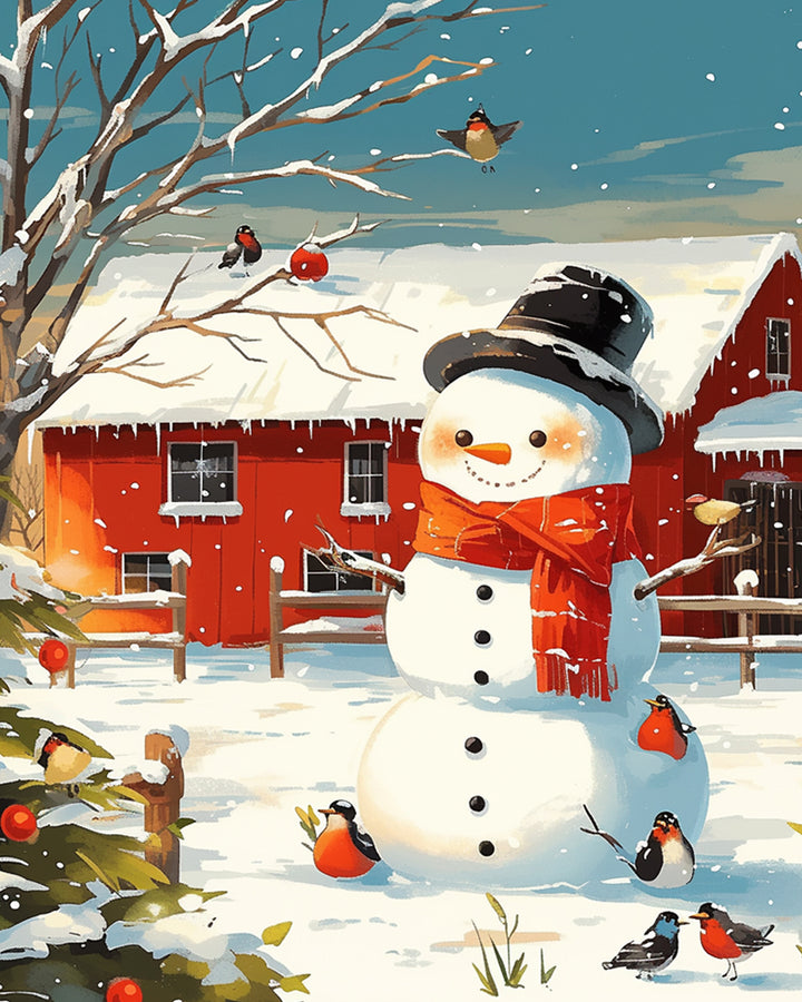 Sneeuwpop voor Rood Huis met Vogels Diamond Painting