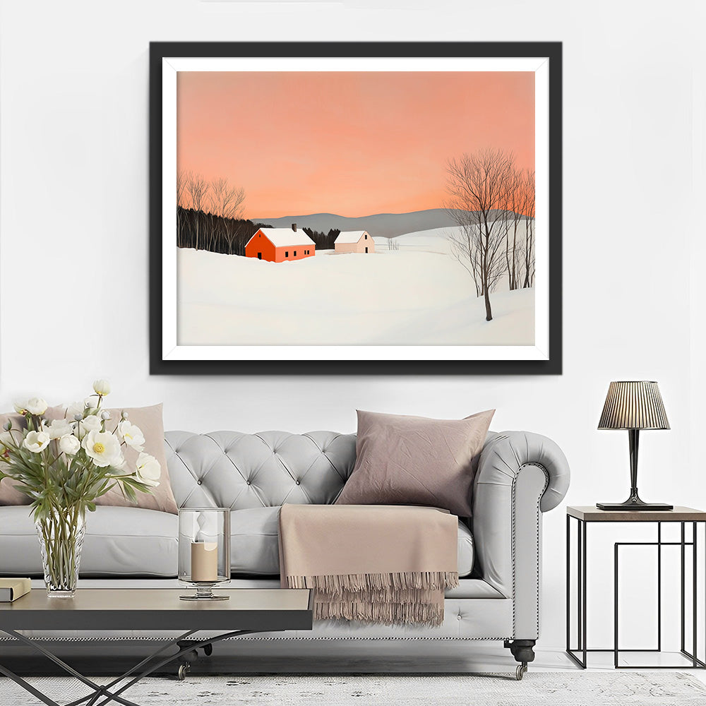 Sneeuwveld en Klein Huis onder Roze Lucht Diamond Painting