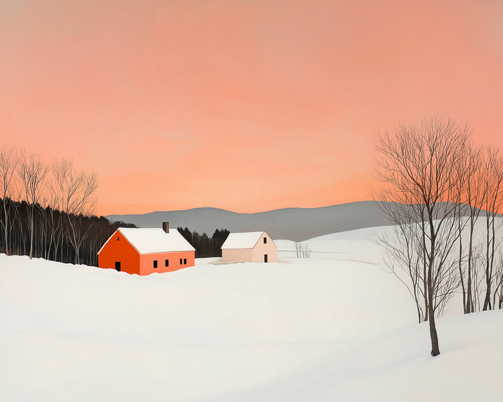 Sneeuwveld en Klein Huis onder Roze Lucht Diamond Painting