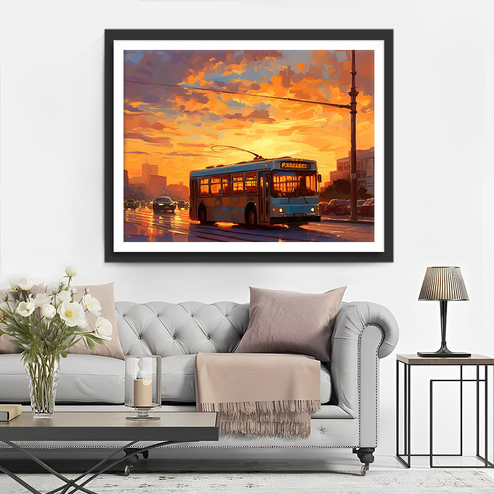 Stadsbus onder Zonsondergang Diamond Painting