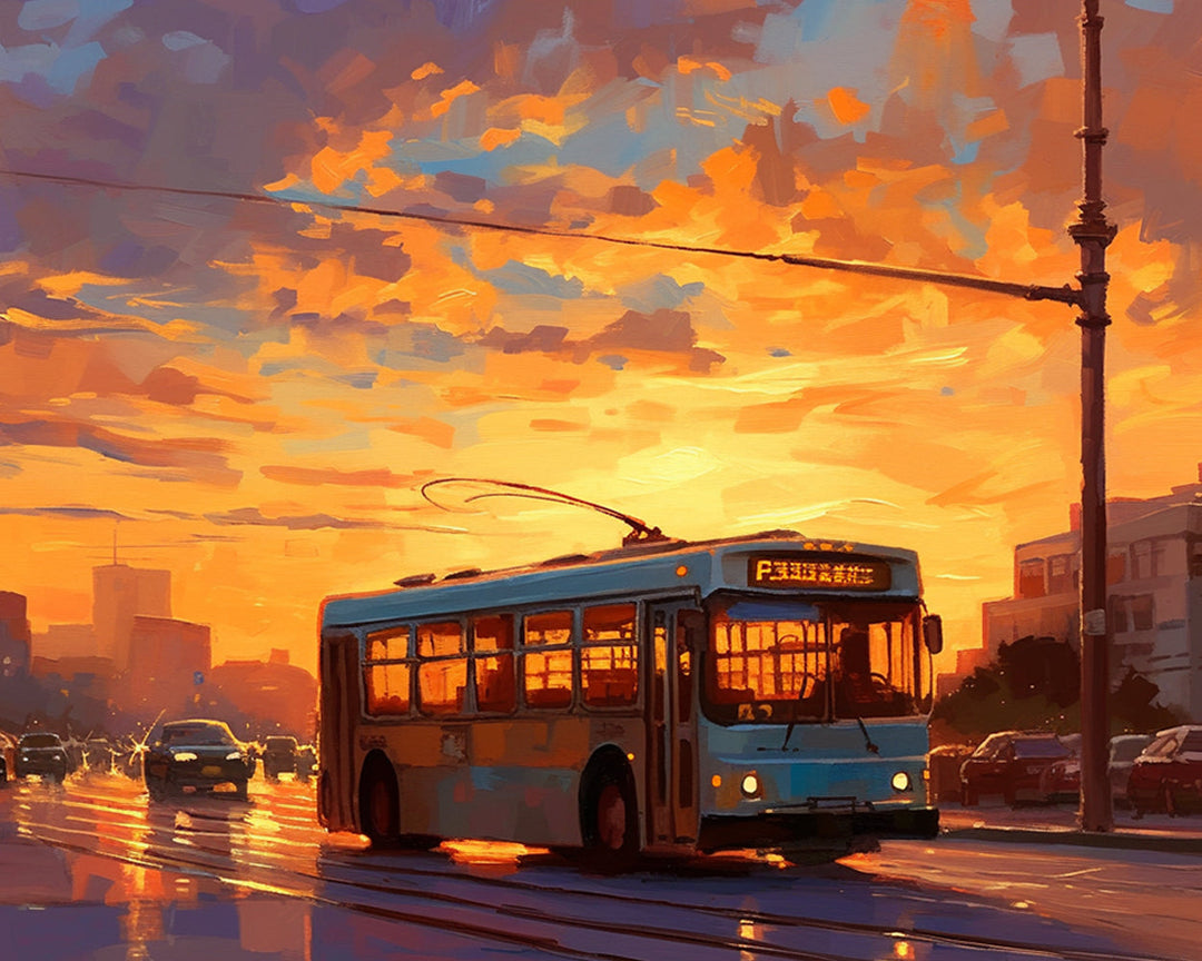 Stadsbus onder Zonsondergang Diamond Painting