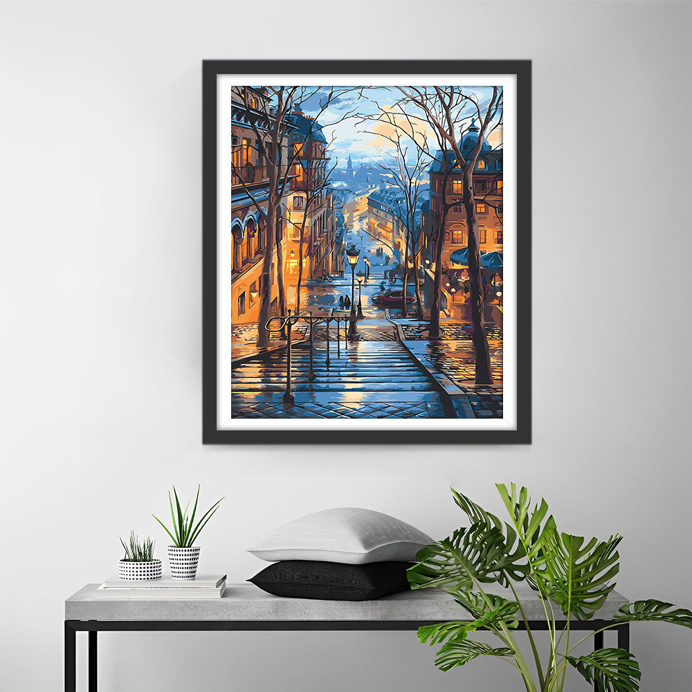 Stadsgebouwen en Straatlantaarns bij Nacht Diamond Painting
