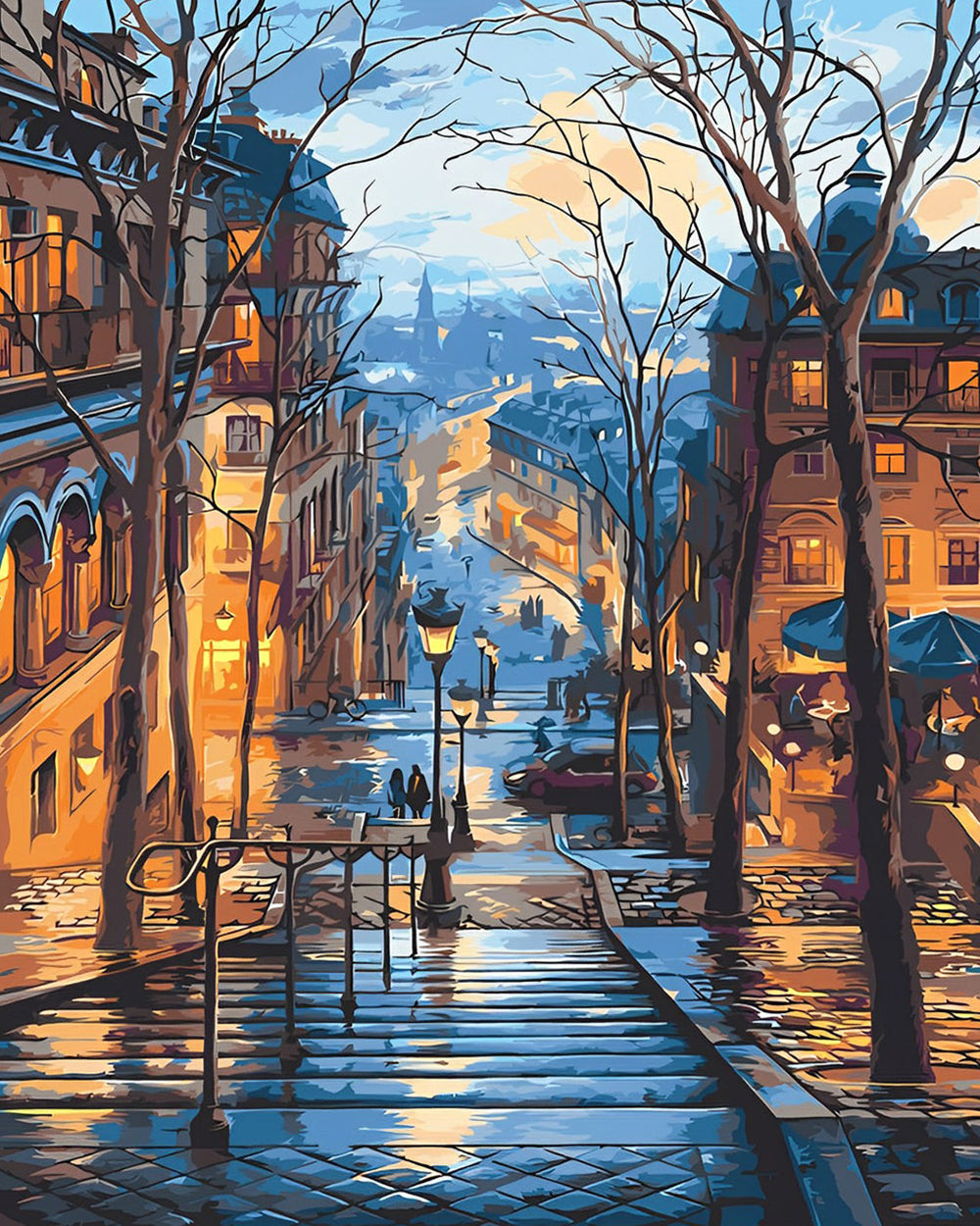 Stadsgebouwen en Straatlantaarns bij Nacht Diamond Painting