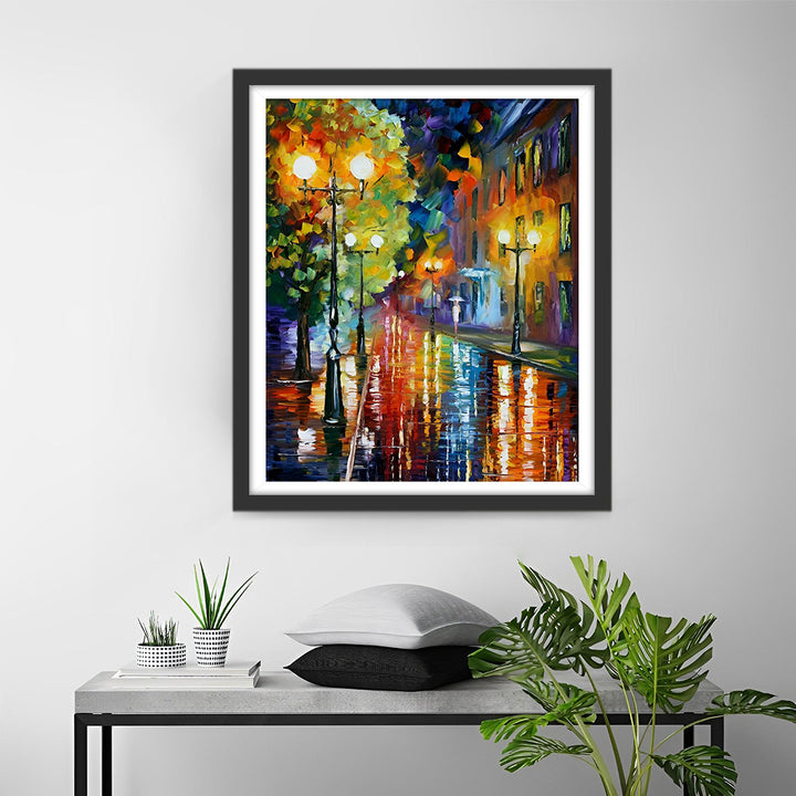 Straatlantaarns in de Regen 's Nachts Diamond Painting