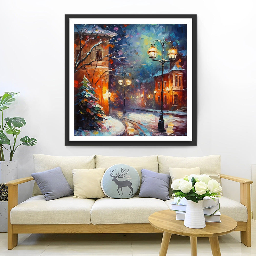 Straatverlichting op Kerstavond Diamond Painting