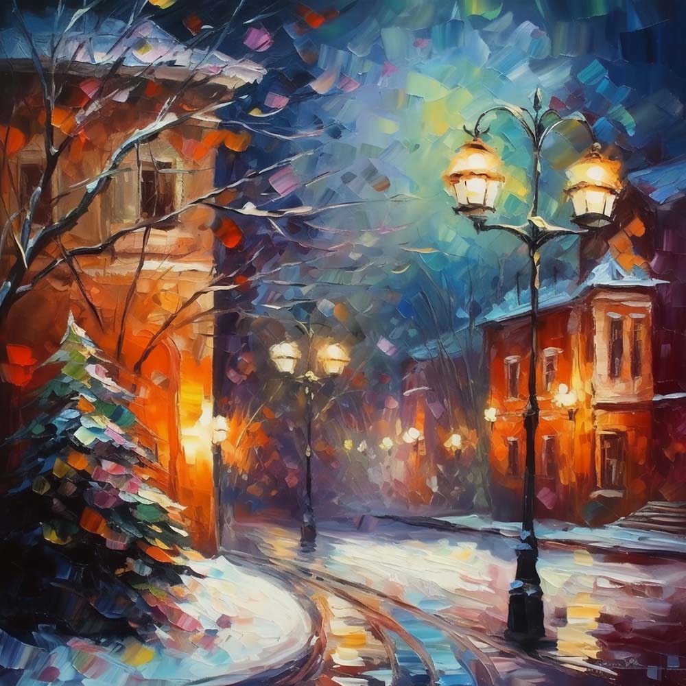 Straatverlichting op Kerstavond Diamond Painting